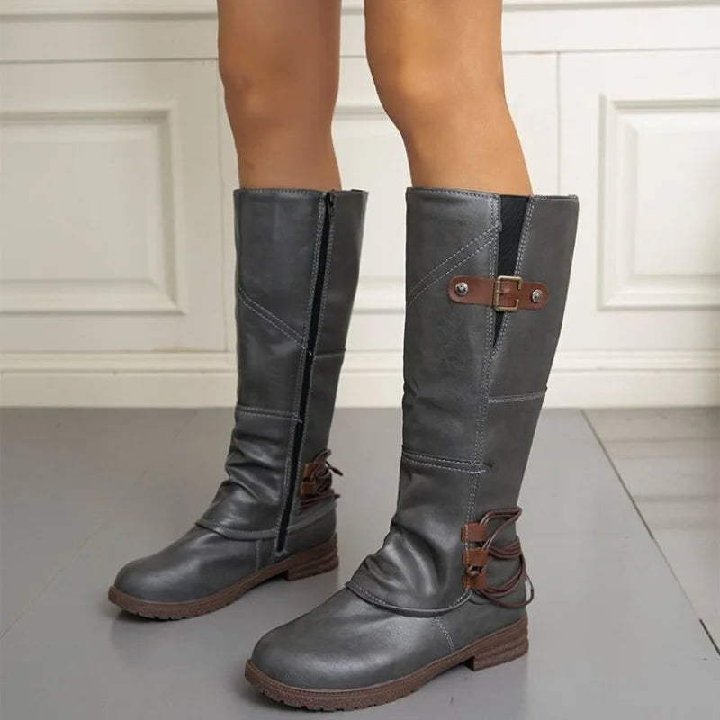 Retro Cowboy Laarzen Voor Vrouwen 2024 Herfst Pu Leren Mid Kuit Laarzen Vrouw Kant Rits Dikke Hakken Riem Gesp High Rider Botas