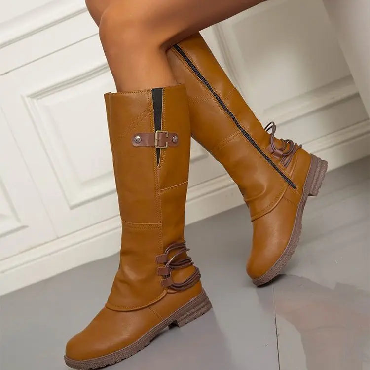 Retro Cowboy Laarzen Voor Vrouwen 2024 Herfst Pu Leren Mid Kuit Laarzen Vrouw Kant Rits Dikke Hakken Riem Gesp High Rider Botas