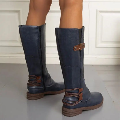 Retro Cowboy Laarzen Voor Vrouwen 2024 Herfst Pu Leren Mid Kuit Laarzen Vrouw Kant Rits Dikke Hakken Riem Gesp High Rider Botas