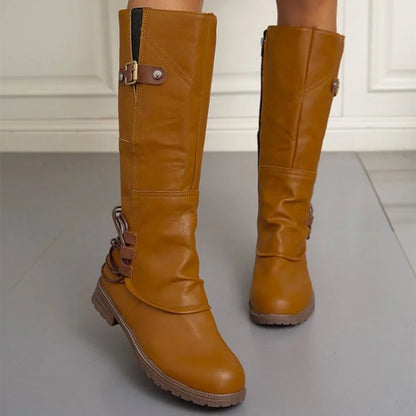 Retro Cowboy Laarzen Voor Vrouwen 2024 Herfst Pu Leren Mid Kuit Laarzen Vrouw Kant Rits Dikke Hakken Riem Gesp High Rider Botas