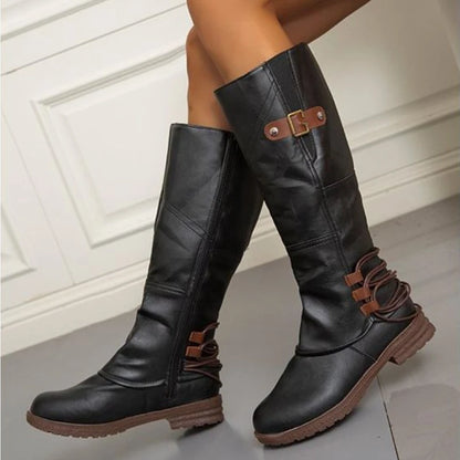 Retro Cowboy Laarzen Voor Vrouwen 2024 Herfst Pu Leren Mid Kuit Laarzen Vrouw Kant Rits Dikke Hakken Riem Gesp High Rider Botas